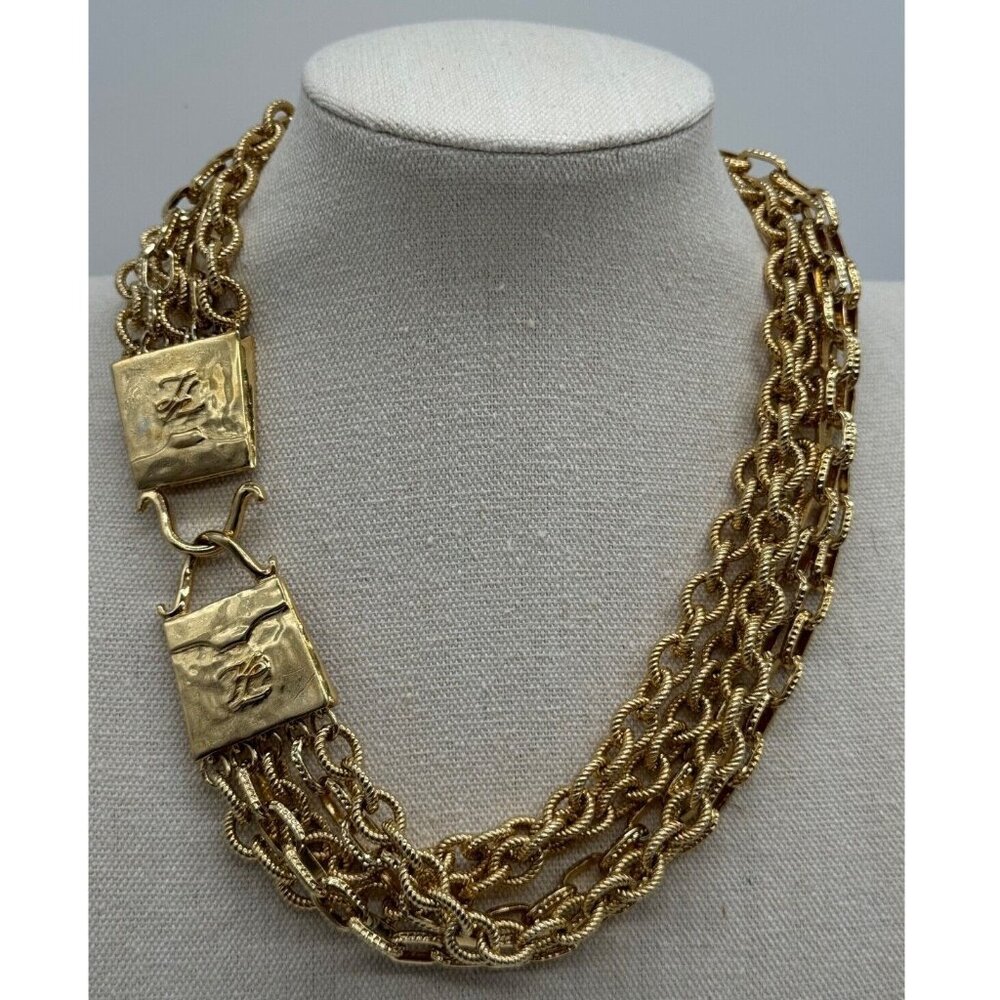 Vintage Karl Lagerfeld Gold Tone Multi Strand Chain Purse Shaped Clasp Necklace